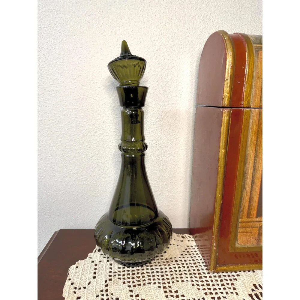 1964 Jim Beam Genie Bottle Decanter, Olive Green Glass, Mid-Century Barware